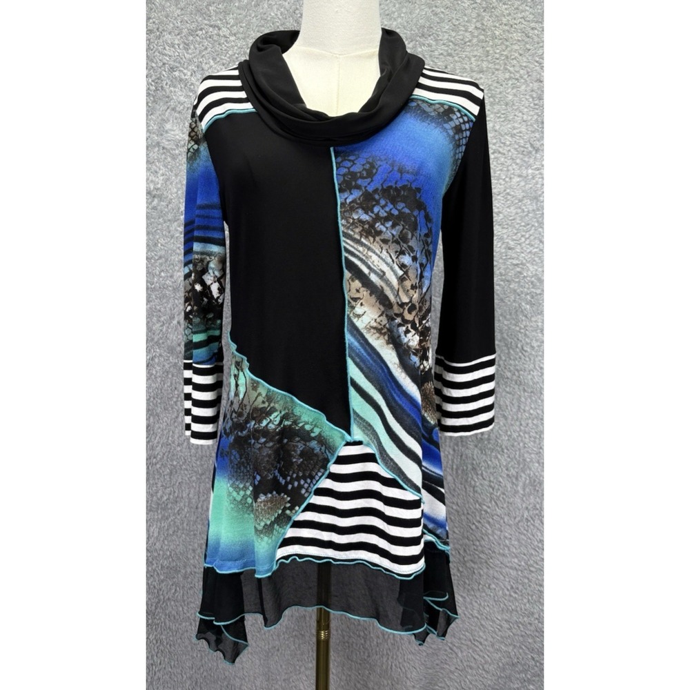 Joseph Ribkoff Black Blue Teal Abstract Cowl Neck Tunic
